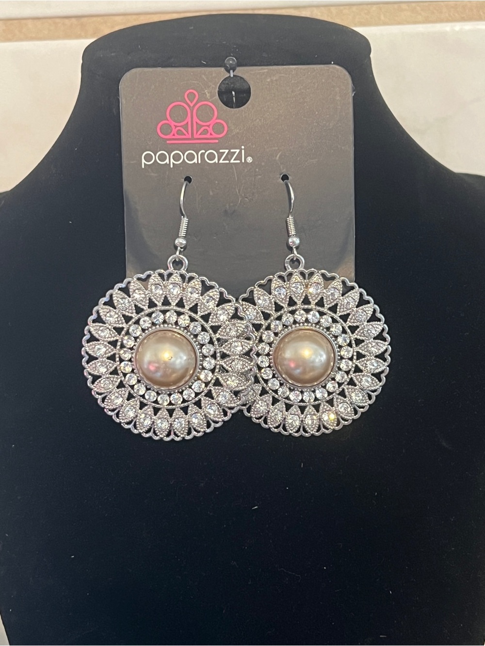 Paparazzi Silver Filigree Pearl Drop Earrings with Crystal Accents